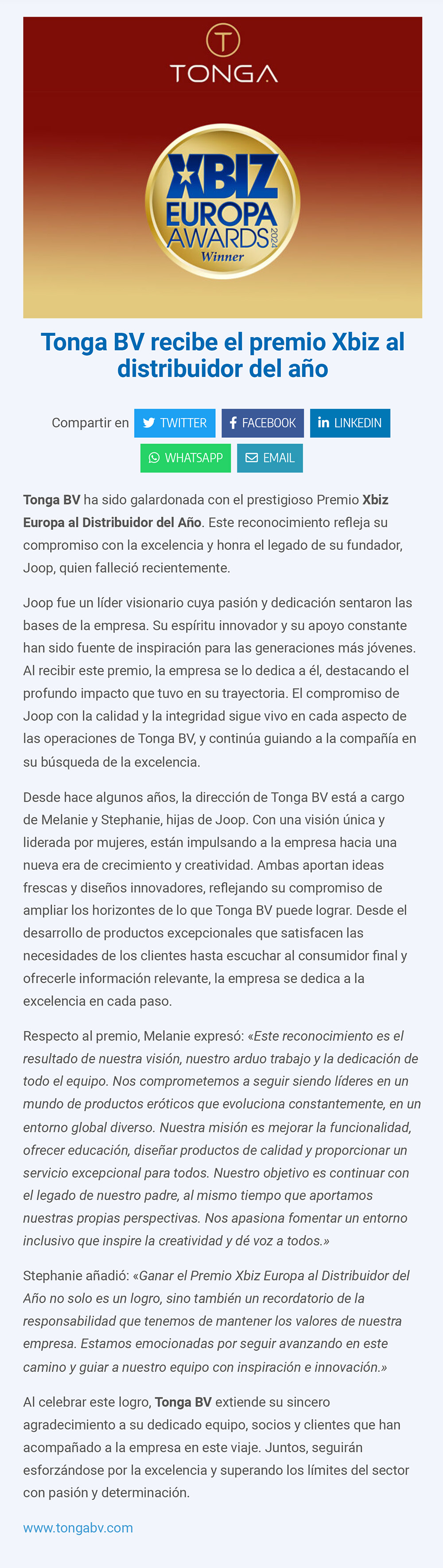 2024-09 Sugextions - Tonga BV recibe el premio Xbiz al distribuidor del año